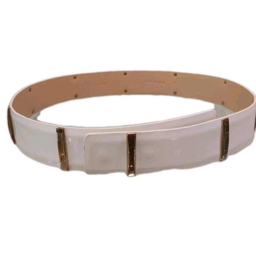 Vintage Carlisle Wide White With Gold Tone Metal Details Buckleless Belt 37-40